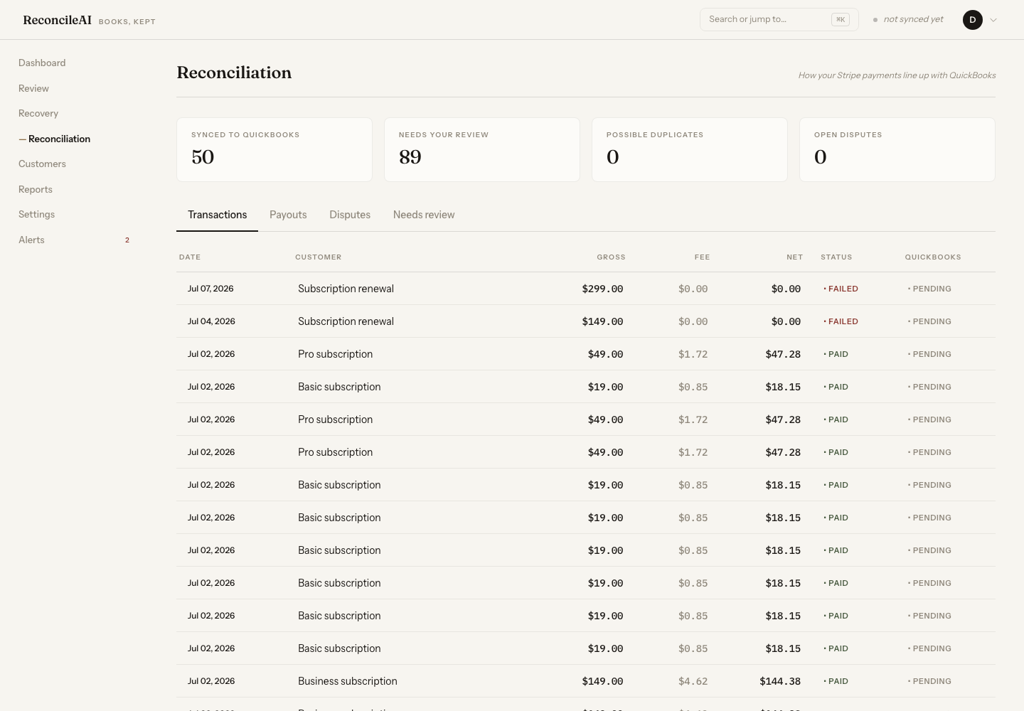 Reconciliation view: every Stripe payment matched to QuickBooks