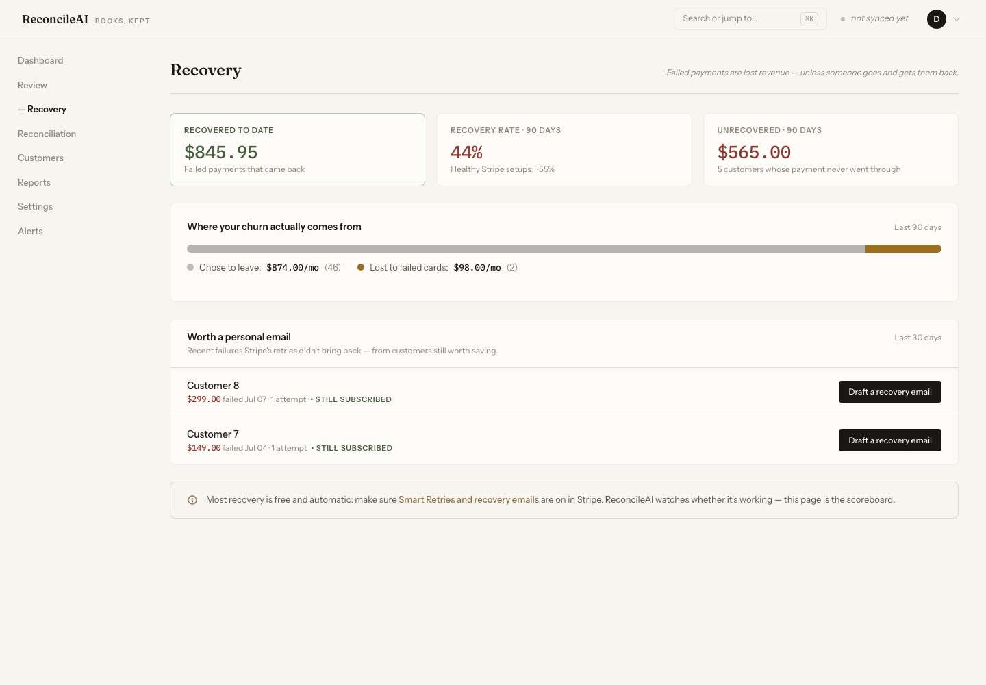 Recovery page: recovered-to-date counter, recovery rate vs benchmark, churn decomposition